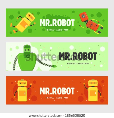 Mr. Robot banners set. Humanoids, cyborgs, smart machines vector illustrations with text on green and red backgrounds. Robotics concept for flyers and brochures design