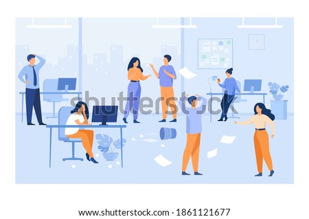 Lazy employees making mess and chaos at workplaces in office. Unorganized managers chatting, using computers at desk among flying papers. For chaotic work, teamwork problem concept