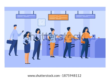 Metro passengers scanning electronic train tickets at entrance and turnstiles. Subway employees in uniforms keeping order. Vector illustration for public transport, automatic service concept Stock foto © 