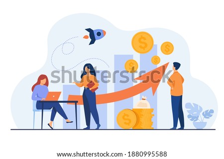 Startup managers presenting and analyzing sales growth chart. Group of workers with heap of cash, rocket, bar diagrams with arrow and heap of money. For business success, marketing, profit concepts