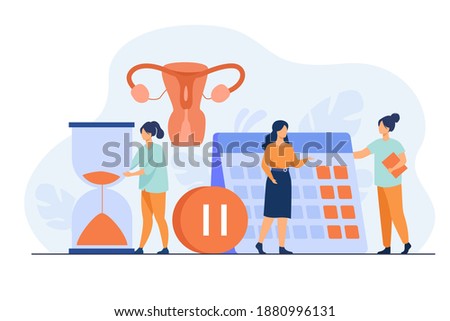 Female patient consulting doctor about reproductive health. Hourglass, calendar, pause button. Vector illustration for gynecology, menopause, estrogen replacement therapy concepts