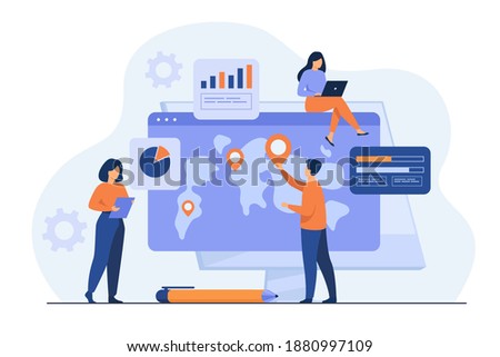 Group of professionals analyzing international map with pointers and charts. Team doing global business research. Vector illustration for marketing, analysis, worldwide extension concepts