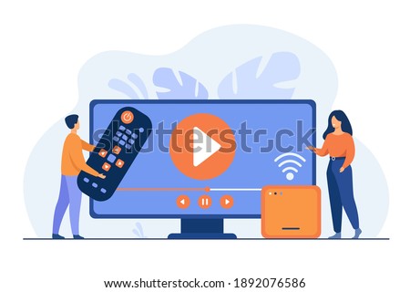 Vector illustration for movie watching, home entertainment concept. Tiny couple watching video on Internet. Man holding remote control, woman standing by receiver or smart box with Wi-Fi signal