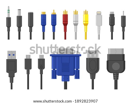 Plug contacts set. Cables, wire connectors, connection for ethernet, hdmi, vga, usb, video, audio ports. Vector illustration for computing, cord communication, hardware, electricity concept