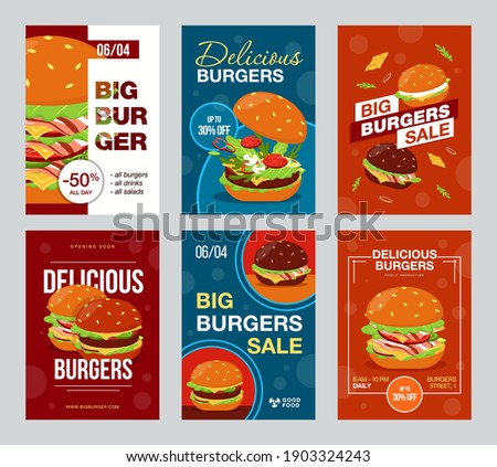 Promotional brochure designs with delicious fast food. Bright big burger sale promotion. Tasty meal and nutrition concept. Template for advertising leaflet or flyer
