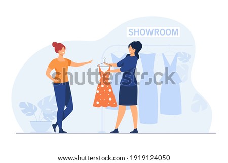 Fashion store seller helping customer in showroom. Consultant giving dress to woman for trying. Flat vector illustration. Shopping, buying cloth concept for banner, website design or landing web page