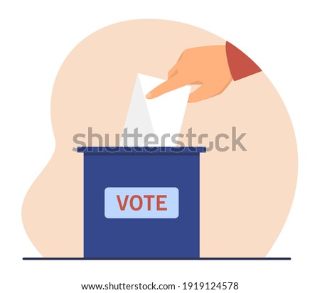 Hand of voter throwing paper into ballot box. Person voting president or political candidate. Flat vector illustration. Election, democracy concept for banner, website design or landing web page