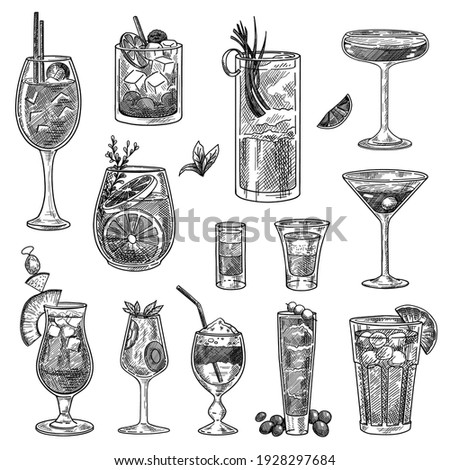 Cocktail glasses sketches set. Hand drawn martini, gin, wine, margarita, cognac, goblet, liquor, scotch, whiskey. Engraved vector illustration for long and shot drinks, bar menu, alcohol concept