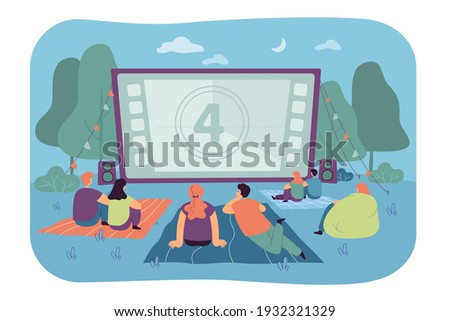 Friends watching movie in open air cinema. Big screen in backyard. Dating couples spending evening time in outdoor movie theater. Vector illustration for weekend, vacation concept