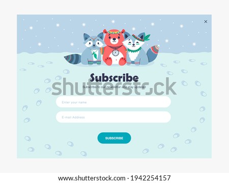 Email subscription design with cute tribal animals. Online newsletter template with subscribing button and tracks on snow. Forest wildlife and woodland concept. Design for website illustration