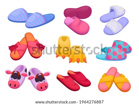 Different slippers for kids and adults vector illustrations set. Comfortable cartoon footwear for house, bedroom or hotel, animal heads, feet isolated on white background. Shoes, home footwear concept