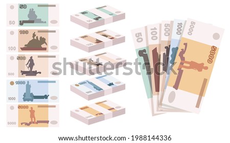 Ruble banknotes of Russia illustrations in cartoon style. Stacks of Russian currency banknotes. Set of vector illustrations of money. Note design. Money concept for advertisement of banners design