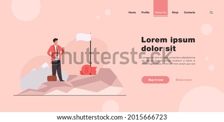 Business leader achieving goal. Businessman standing on top, flag, heap of cash flat vector illustration. Business success, leadership concept for banner, website design or landing web page