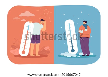 Men in cold and hot weather flat vector illustration. Frozen and sweating people standing with thermometers in summer and winter. Meteorology, extremely low and high temperatures, thermostat concept
