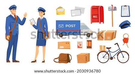 Male and female postman characters vector illustrations set. People in uniform and postal objects for kids, bag with letters, mailbox, transport on white background. Professions, delivery concept