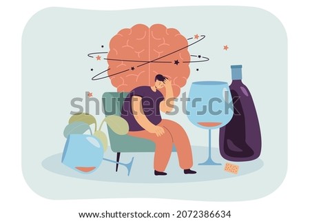 Strong hangover of man after drinking alcohol. Drunk tiny person sitting with bottle and glasses of liquor and dizzy brain flat vector illustration. Addiction, problem of health, bad habit concept