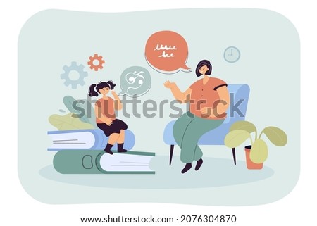 Narrative speech therapist and her little client articulating. Cartoon speech-language pathologist having therapy session with female child flat vector illustration. Basic language skills concept Stockfoto © 
