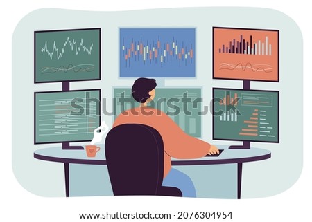 Man sitting at desk with computers in office. Stock trader or broker looking at multiple screens with financial and market charts flat vector illustration. Economic and business analysis concept