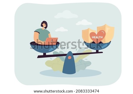 Female employee in stress doing work and health on unbalanced scales. Health care and work conflict flat vector illustration. Work and life balance, imbalance comparison, healthy lifestyle concept