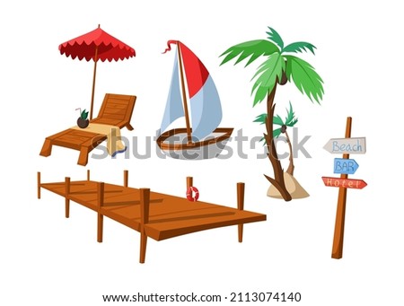 Summer holiday elements vector illustrations set. Wooden dock, boardwalk or pier, boat for fishing on lake, wood pole with beach, bar and hotel signs isolated on white background. Vacation concept