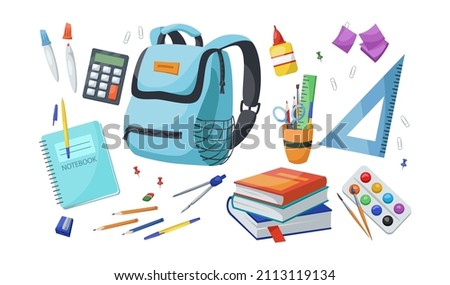 Different stationery for studying vector illustrations set. Satchel, pens, pencils, eraser, notebook, calculator school supplies isolated on white background. Back to school, education concept