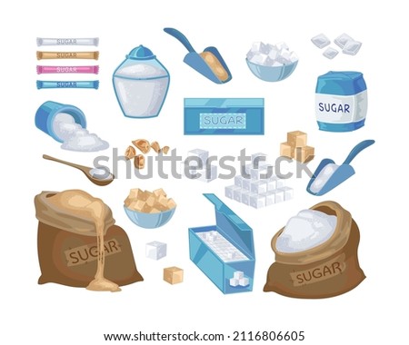 Granulated and cube sugar cartoon illustration set. Bag, block, pack and stick of brown and white sugar. Sugar in spoon and bowl isolated on white background. Sweet food, sucrose concept