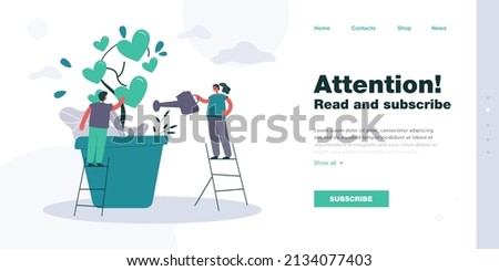 Tiny man and woman growing tree of love together. Flat vector illustration. Young guy and girl watering giant tree with hearts on branches. Love, relationship, nature, gardening, family concept