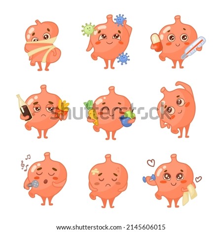 Happy stomach character with cute face cartoon illustration set. Healthy and sick human organ holding pills, thermometer, fast food, vegetables, doing sport. Nutrition, digestive system concept