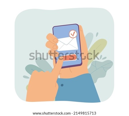 Customer touching slider on mobile phone screen with finger. Person receiving or sending message flat vector illustration. Mail app, notification concept for banner, website design or landing web page