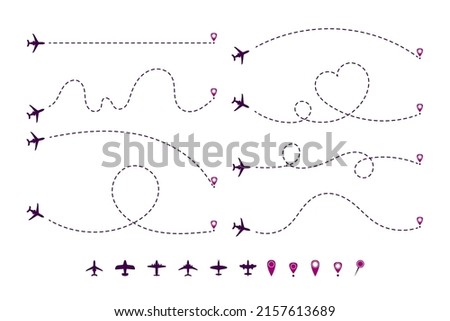 Dotted airplane trajectories cartoon illustration set. Path or way of plane, aircraft of jet in shape of heart, line or circles with destination point or location mark. Travel, distance, route concept
