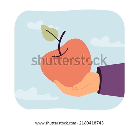 Hand of man giving healthy red apple. Person holding natural fruit for eating flat vector illustration. Food sharing, donation, solidarity concept for banner, website design or landing web page