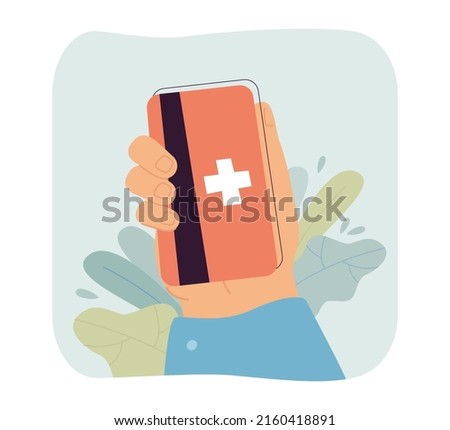 Hand holding plastic health insurance card. Person buying medical care and service flat vector illustration. Healthcare, pharmacy, finance concept for banner, website design or landing web page