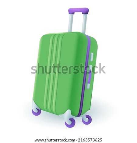 3d cartoon style luggage or travel bag icon on white background. Colorful suitcase or baggage flat vector illustration. Journey, summer vacation, trip, tour, voyage concept
