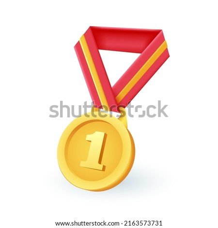Gold medal with number one 3D icon. Golden prize or award with ribbon 3D vector illustration on white background. Victory, competition, success, achievement concept