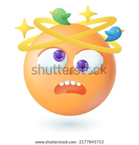 3d cartoon style emoticon seeing stars and birds above head icon. Yellow face with open mouth feeling dizzy or sick flat vector illustration. Emotion, illness concept