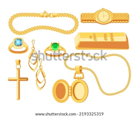 Jewelry and accessories made of gold vector illustrations set. Cartoon drawings of golden bar, watch, elegant necklace with locket, chain, rings, earrings. Jewelry, accessories, luxury concept