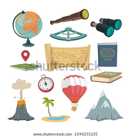 Planet exploration symbols cartoon illustration set. Compass, sextant, globe or sphere, map, atlas, hot air balloon, island, mountains, book, location pin, spyglass and binocular. Geography concept