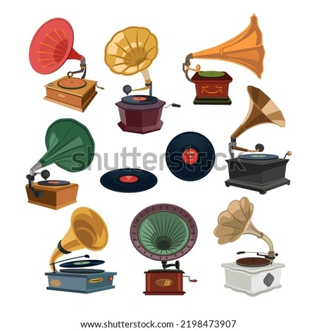 Vintage gramophones cartoon illustration set. Various old music players, old-fashioned devices for listening to jazz or classic music and vinyl records. Entertainment, media concept