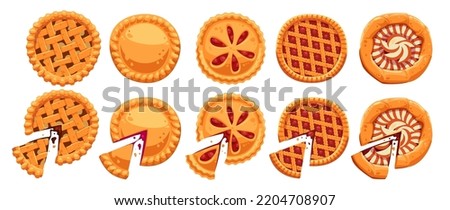 Different pies and slices cartoon illustration set. Top view of delicious homemade pies with fruit, apple, pumpkin and chocolate fillings. Bakery, pastry, food, restaurant, menu concept