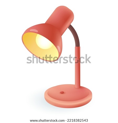 Electric light of red table lamp 3D icon. Desk lamp with stand and bulb in lampshade for office work, study at home 3D vector illustration on white background. Electricity, desktop equipment concept