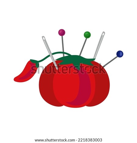 Tomato needle bed with colorful pins and needles vector illustration. Cartoon doodle of tool for needlework. Pins and needles isolated on white background. Fashion, embroidery concept