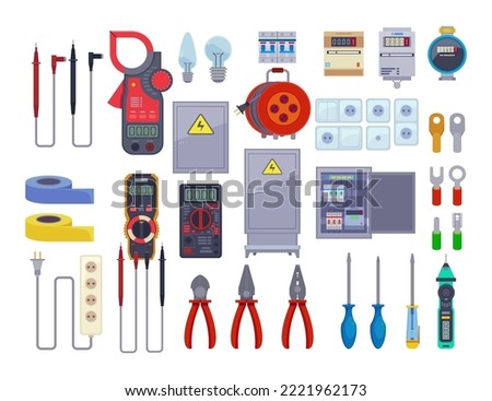 Tools or equipment of electrician vector illustrations set. Drawings of power sockets, electrical control panel, pliers, switchers, screwdrivers on white background. Electricity, construction concept