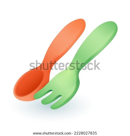 Baby plastic spoon and fork 3D icon. Kids toy tools for eating food and toddler feeding on dinner, breakfast or lunch 3D vector illustration on white background. Picnic, kitchen equipment concept
