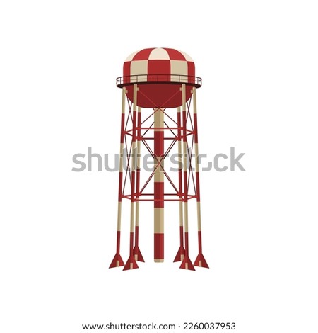 Red and white metal construction for water vector illustration. Cartoon drawing of water tower with container for storage of hydro resource reserve isolated on white background. Water supply concept