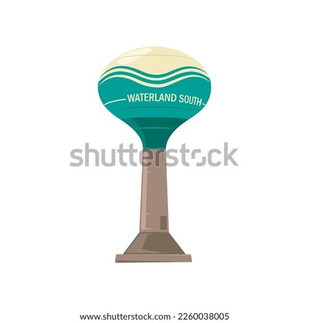 Oval water tower from metal vector illustration. Watertower or high metal construction oval tank for storage of hydro resource reserve isolated on white background. Water supply concept