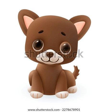 Cute brown puppy 3d illustration. Funny little dog in cartoon style sitting and wagging tail isolated on white background. Animal, nature, pet concept