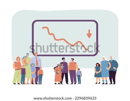 Demographic decline chart vector illustration. Extended families with many children and nuclear families from different times on white background. Demographic shift, population concept