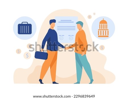 Public and private sectors partnership vector illustration. Male characters shaking hands, agreeing on long term contract. Participation of private sector, business, finance concept