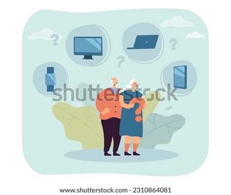 Elderly couple curious about mobile devices vector illustration. Drawing of old man and woman with question mark, monitor, phone, smart watch, laptop in bubbles. Senior life, technology concept