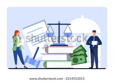 Tiny lawyers with contracts or taxes vector illustration. Cartoon drawing of big scales and gavel, legal workers managing government spending. Finances, economy, law, taxation concept